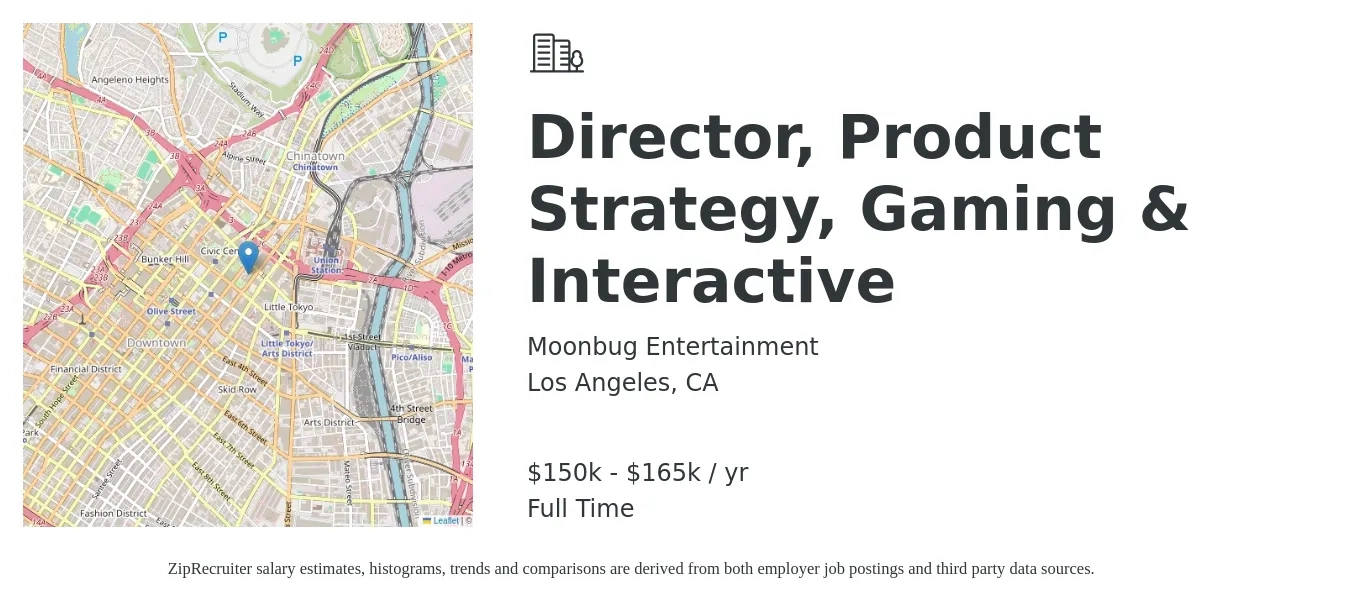 Moonbug Entertainment job posting for a Director, Product Strategy, Gaming & Interactive in Los Angeles, CA with a salary of $150,000 to $165,000 Yearly with a map of Los Angeles location.