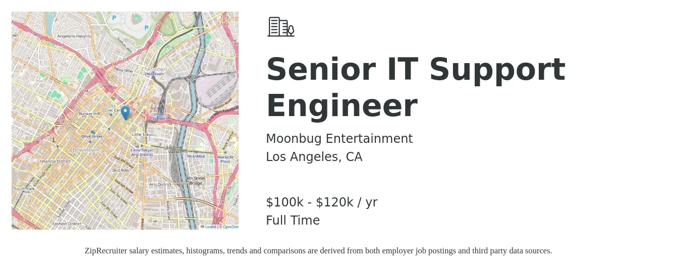 Moonbug Entertainment job posting for a Senior IT Support Engineer in Los Angeles, CA with a salary of $100,000 to $120,000 Yearly with a map of Los Angeles location.