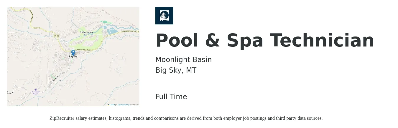 Moonlight Basin job posting for a Pool & Spa Technician in Big Sky, MT with a salary of $18 to $24 Hourly with a map of Big Sky location.