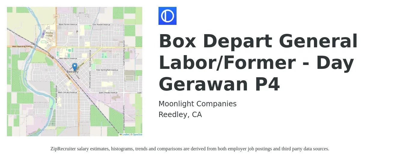 Moonlight Companies job posting for a Box Depart General Labor/Former - Day Gerawan P4 in Reedley, CA with a salary of $16 to $17 Hourly with a map of Reedley location.