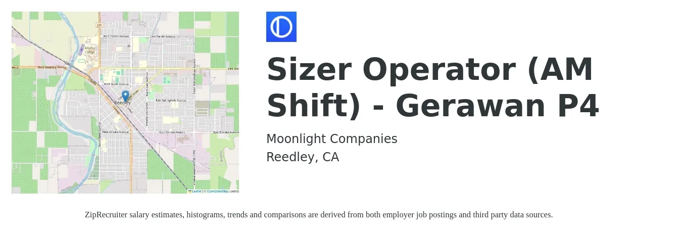 Moonlight Companies job posting for a Sizer Operator (AM Shift) - Gerawan P4 in Reedley, CA with a salary of $16 to $18 Hourly with a map of Reedley location.