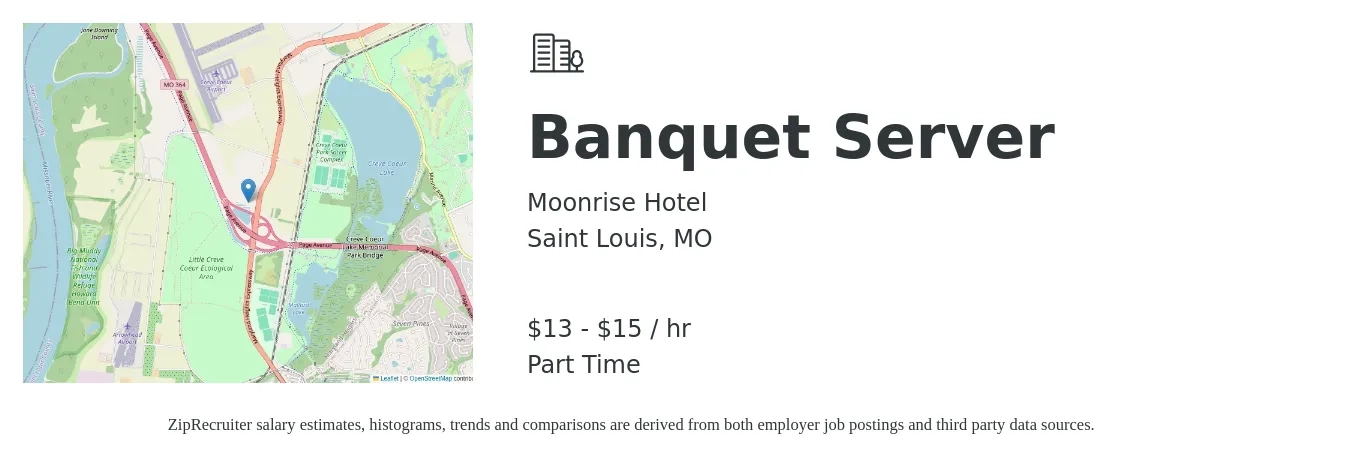 Moonrise Hotel job posting for a Banquet Server in Saint Louis, MO with a salary of $14 to $16 Hourly with a map of Saint Louis location.