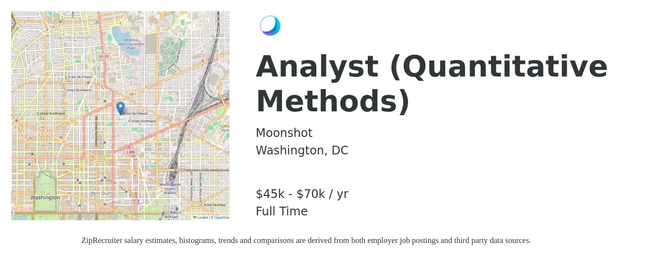 Moonshot job posting for a Analyst (Quantitative Methods) in Washington, DC with a salary of $45,000 to $70,000 Yearly with a map of Washington location.