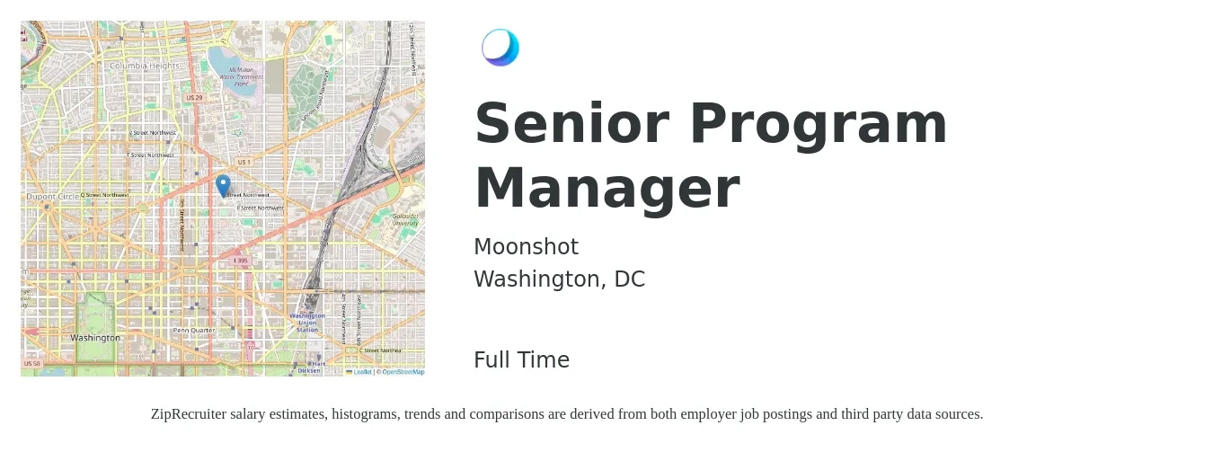 Moonshot job posting for a Senior Program Manager in Washington, DC with a salary of $131,400 to $131,900 Yearly with a map of Washington location.