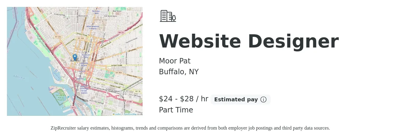 Moor Pat job posting for a Website Designer in Buffalo, NY with a salary of $25 to $30 Hourly with a map of Buffalo location.