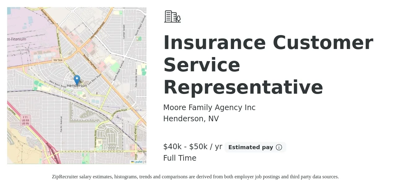 Moore Family Agency Inc job posting for a Insurance Customer Service Representative in Henderson, NV with a salary of $40,000 to $50,000 Yearly with a map of Henderson location.