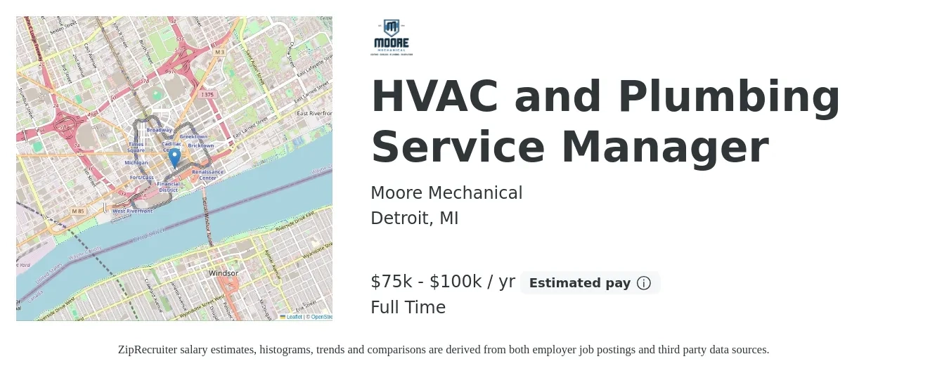 Moore Mechanical job posting for a HVAC and Plumbing Service Manager in Detroit, MI with a salary of $75,000 to $100,000 Yearly with a map of Detroit location.