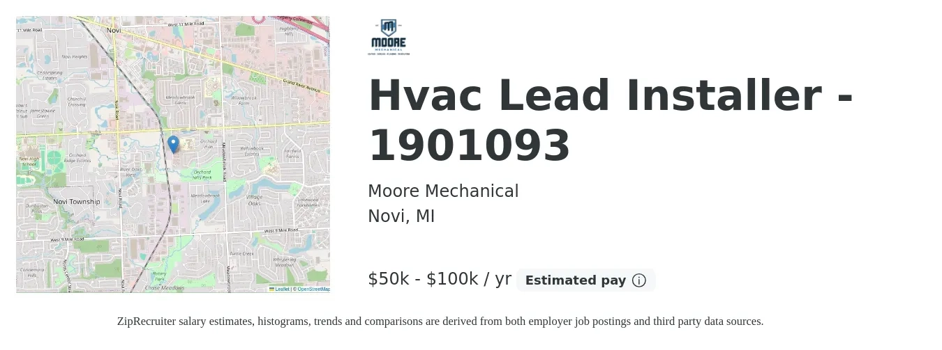 Moore Mechanical job posting for a Hvac Lead Installer - 1901093 in Novi, MI with a salary of $50,000 to $100,000 Yearly with a map of Novi location.