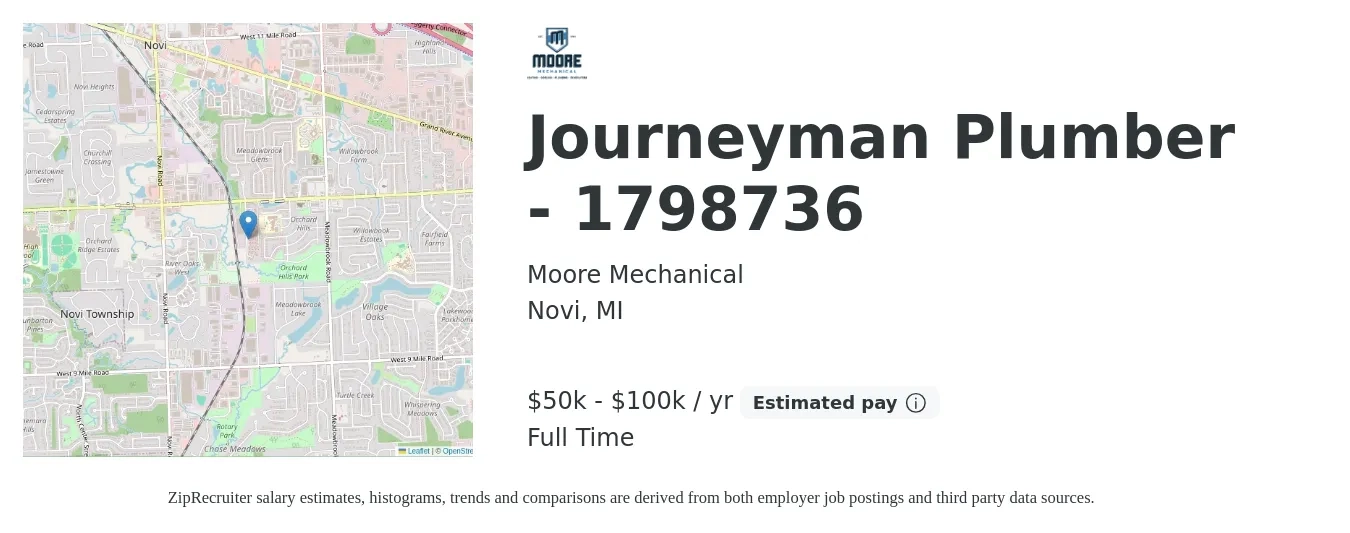 Moore Mechanical job posting for a Journeyman Plumber - 1798736 in Novi, MI with a salary of $50,000 to $100,000 Yearly with a map of Novi location.
