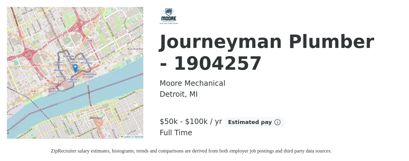 Moore Mechanical job posting for a Journeyman Plumber - 1904257 in Detroit, MI with a salary of $50,000 to $100,000 Yearly with a map of Detroit location.