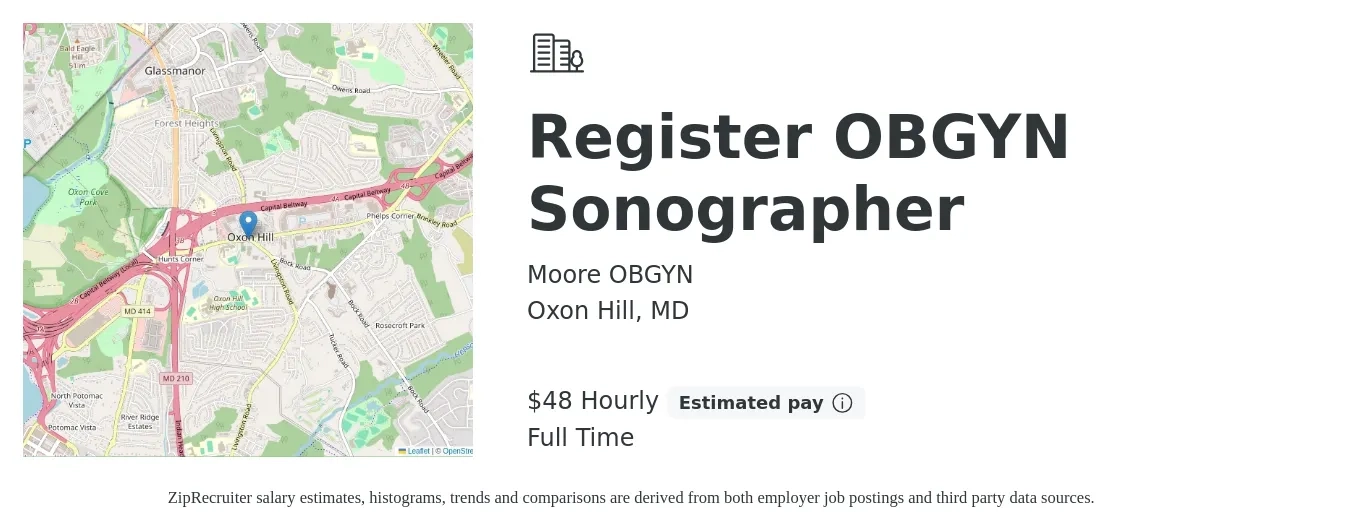 Moore OBGYN job posting for a Register OBGYN Sonographer in Oxon Hill, MD with a salary of $50 Hourly with a map of Oxon Hill location.