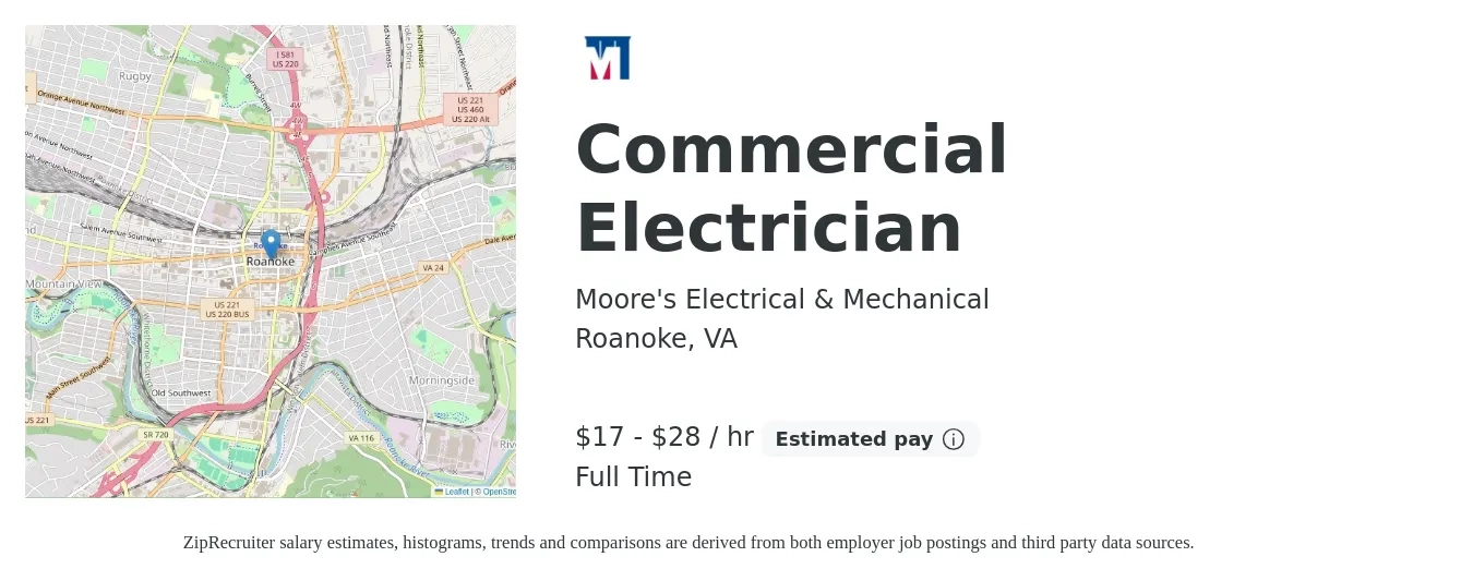 Moore's Electrical & Mechanical job posting for a Commercial Electrician in Roanoke, VA with a salary of $18 to $30 Hourly with a map of Roanoke location.