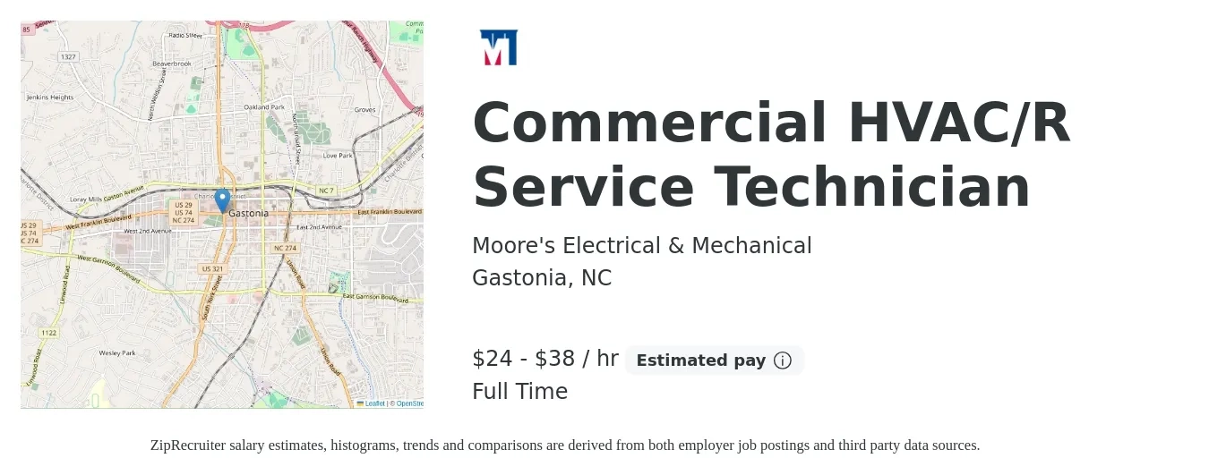 Moore's Electrical & Mechanical job posting for a Commercial HVAC/R Service Technician in Gastonia, NC with a salary of $25 to $40 Hourly with a map of Gastonia location.