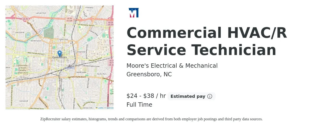 Moore's Electrical & Mechanical job posting for a Commercial HVAC/R Service Technician in Greensboro, NC with a salary of $25 to $40 Hourly with a map of Greensboro location.