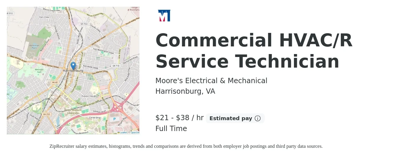 Moore's Electrical & Mechanical job posting for a Commercial HVAC/R Service Technician in Harrisonburg, VA with a salary of $22 to $40 Hourly with a map of Harrisonburg location.