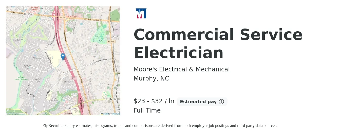 Moore's Electrical & Mechanical job posting for a Commercial Service Electrician in Murphy, NC with a salary of $24 to $34 Hourly with a map of Murphy location.