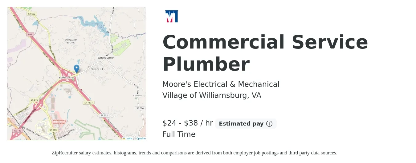 Moore's Electrical & Mechanical job posting for a Commercial Service Plumber in Village of Williamsburg, VA with a salary of $25 to $40 Hourly with a map of Village of Williamsburg location.