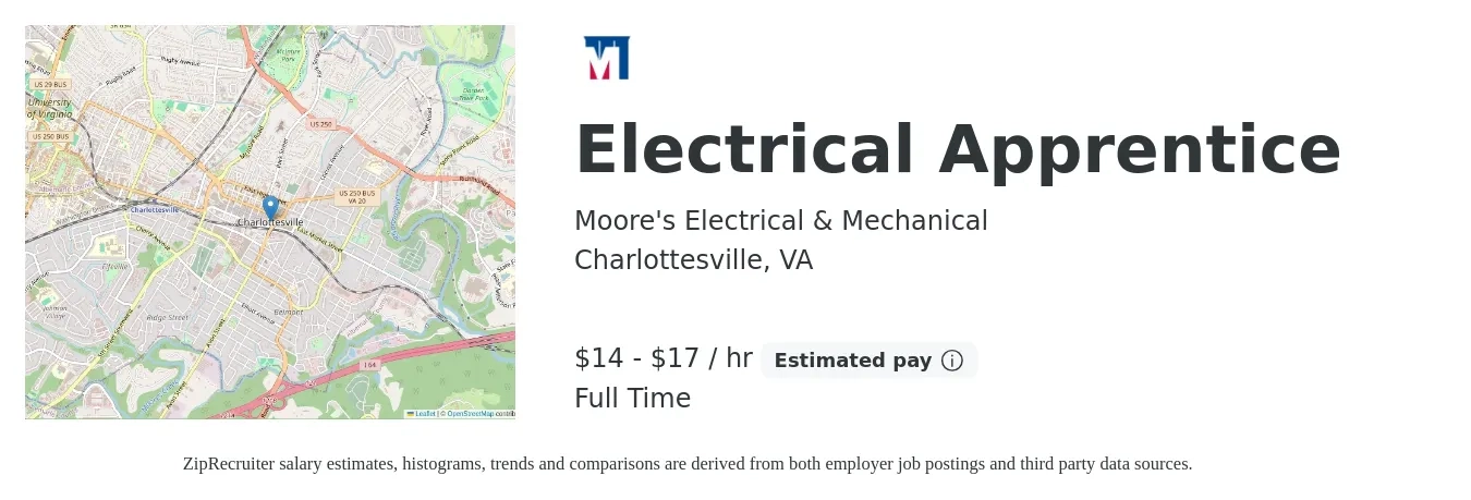 Moore's Electrical & Mechanical job posting for a Electrical Apprentice in Charlottesville, VA with a salary of $15 to $18 Hourly with a map of Charlottesville location.