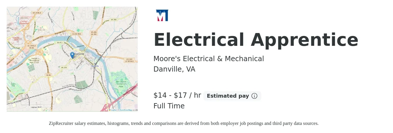 Moore's Electrical & Mechanical job posting for a Electrical Apprentice in Danville, VA with a salary of $15 to $18 Hourly with a map of Danville location.