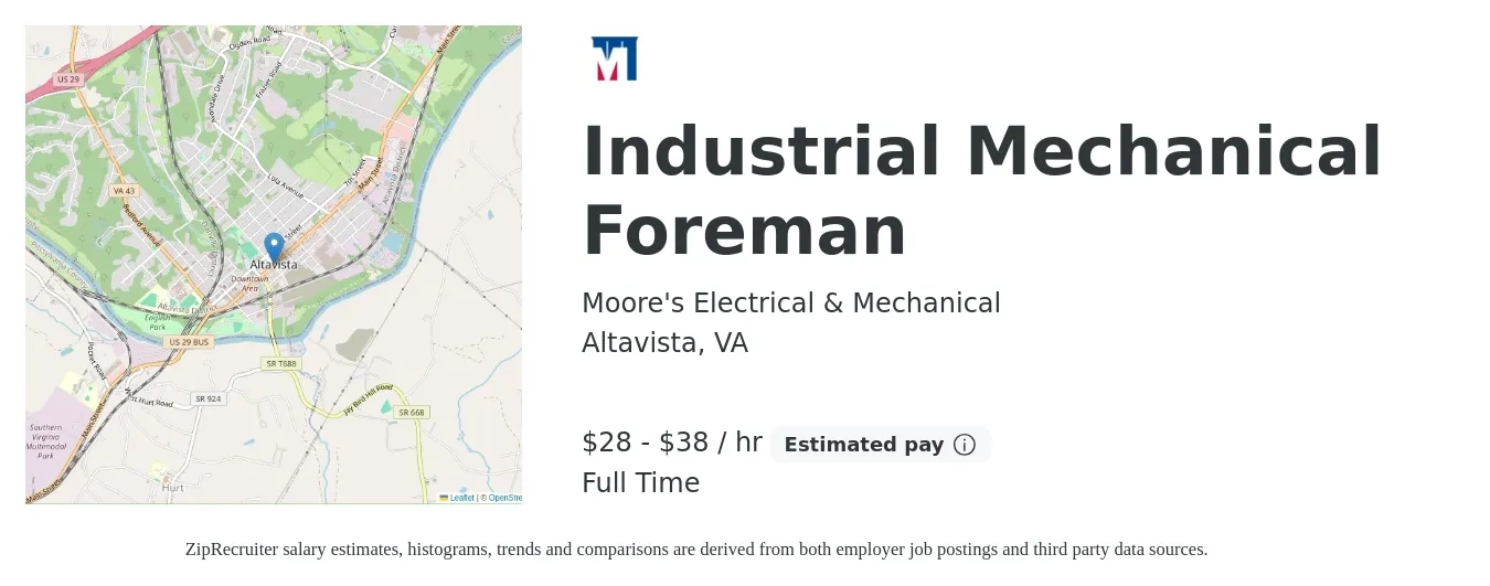 Moore's Electrical & Mechanical job posting for a Industrial Mechanical Foreman in Altavista, VA with a salary of $30 to $40 Hourly with a map of Altavista location.