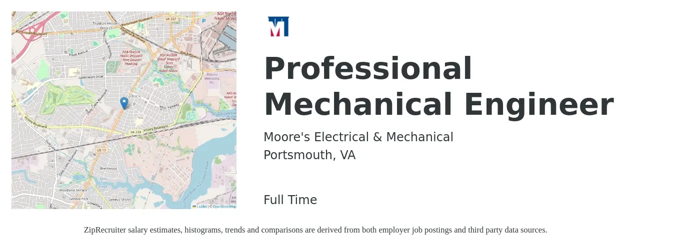 Moore's Electrical & Mechanical job posting for a Professional Mechanical Engineer in Portsmouth, VA with a salary of $105,000 to $135,000 Yearly with a map of Portsmouth location.