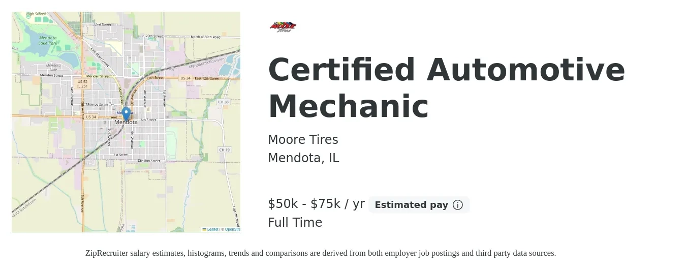 Moore Tires job posting for a Certified Automotive Mechanic in Mendota, IL with a salary of $50,000 to $75,000 Yearly with a map of Mendota location.