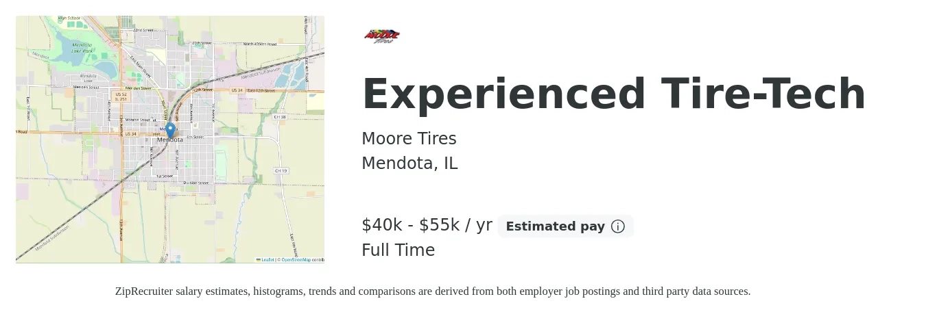 Moore Tires job posting for a Experienced Tire-Tech in Mendota, IL with a salary of $40,000 to $55,000 Yearly with a map of Mendota location.