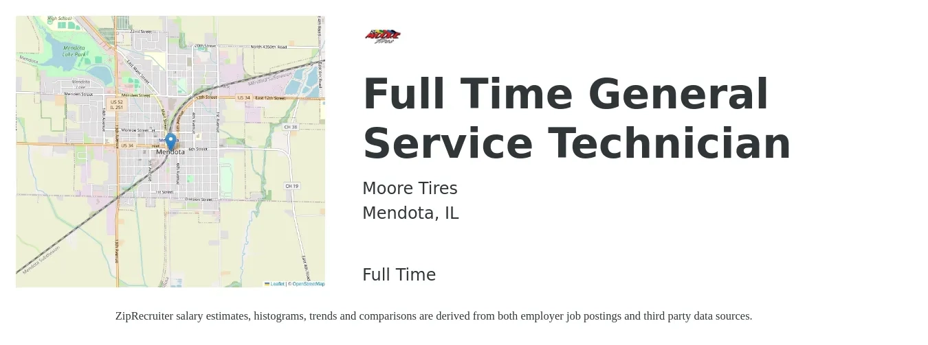 Moore Tires job posting for a Full Time General Service Technician in Mendota, IL with a salary of $14 to $18 Hourly with a map of Mendota location.