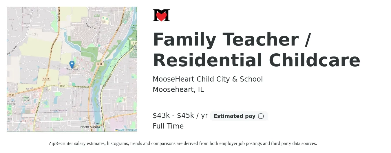 MooseHeart Child City & School job posting for a Family Teacher / Residential Childcare in Mooseheart, IL with a salary of $43,500 to $45,000 Yearly with a map of Mooseheart location.