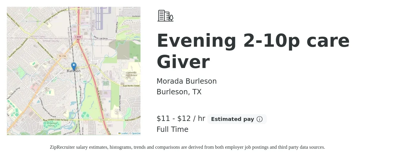 Morada Burleson job posting for a Evening 2-10p care Giver in Burleson, TX with a salary of $12 to $12 Hourly with a map of Burleson location.