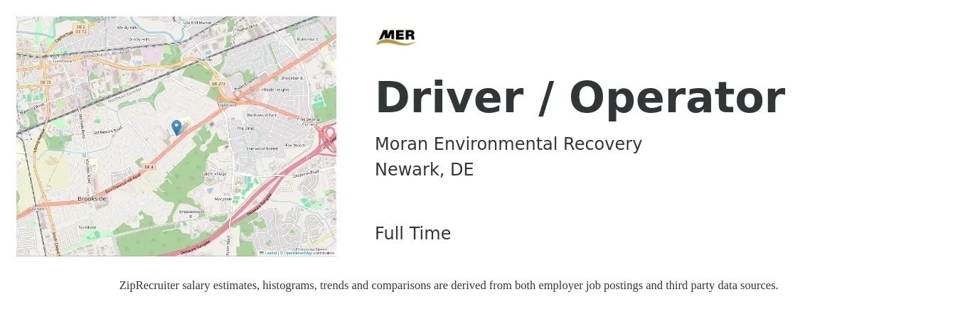 Moran Environmental Recovery job posting for a Driver / Operator in Newark, DE with a salary of $25 to $42 Hourly with a map of Newark location.