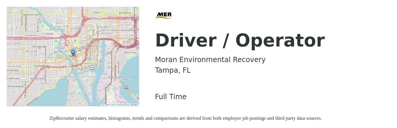 Moran Environmental Recovery job posting for a Driver / Operator in Tampa, FL with a salary of $24 to $41 Hourly with a map of Tampa location.