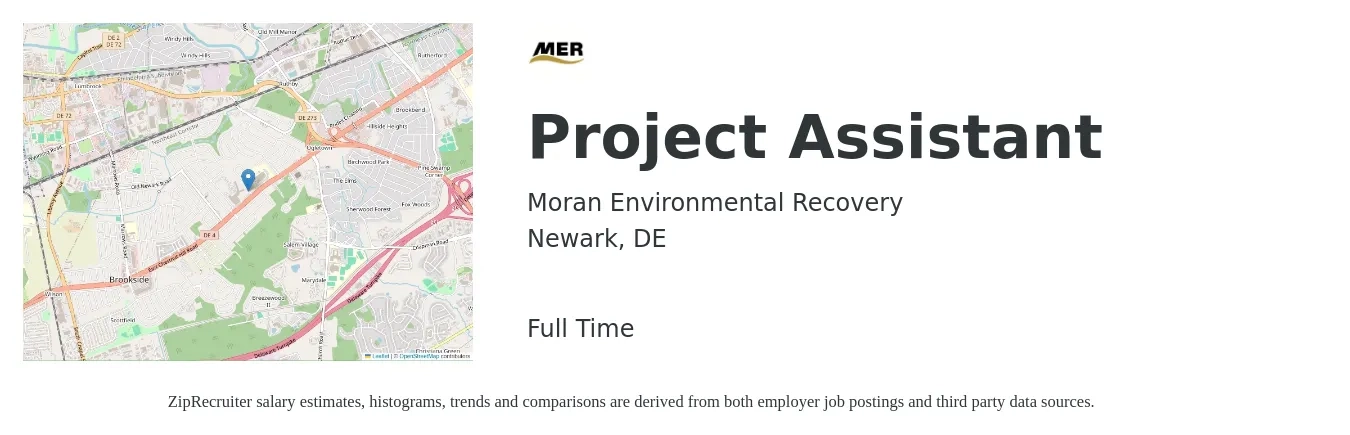 Moran Environmental Recovery job posting for a Project Assistant in Newark, DE with a salary of $18 to $25 Hourly with a map of Newark location.