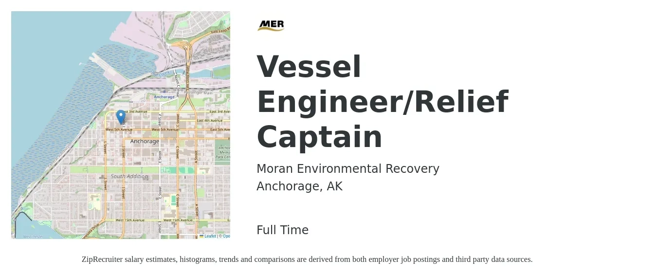 Moran Environmental Recovery job posting for a Vessel Engineer/Relief Captain in Anchorage, AK with a salary of $90,200 to $110,900 Yearly with a map of Anchorage location.