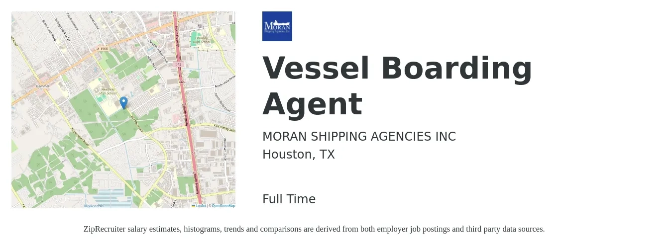 MORAN SHIPPING AGENCIES INC job posting for a Vessel Boarding Agent in Houston, TX with a map of Houston location.