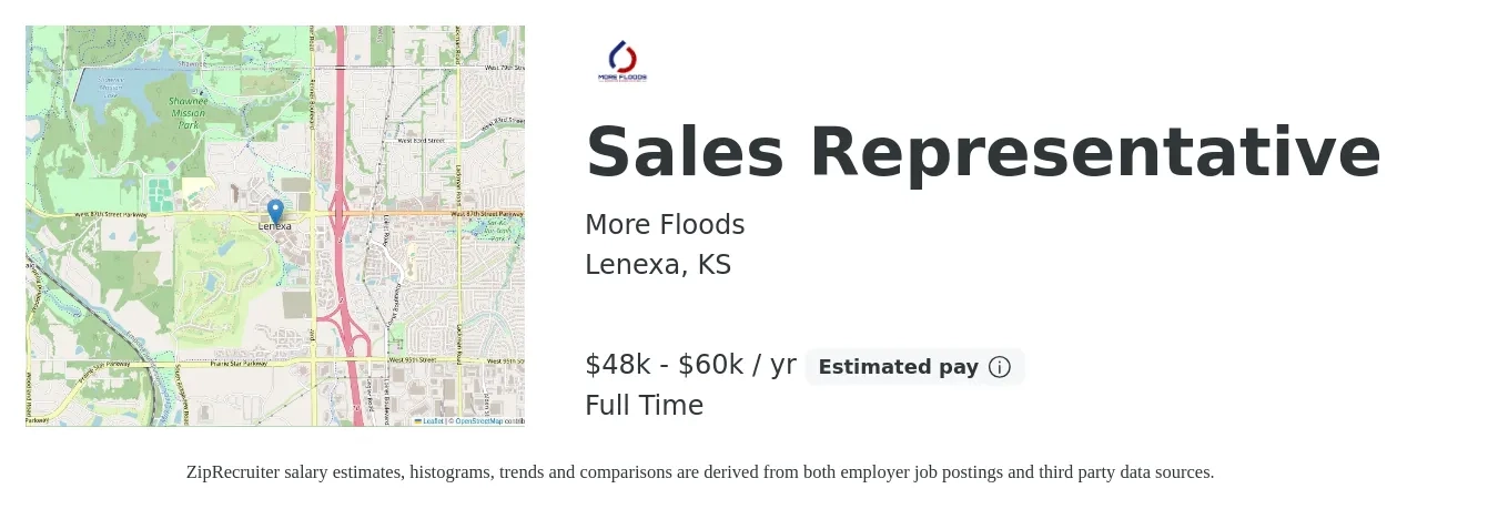More Floods job posting for a Sales Representative in Lenexa, KS with a salary of $48,000 to $60,000 Yearly with a map of Lenexa location.