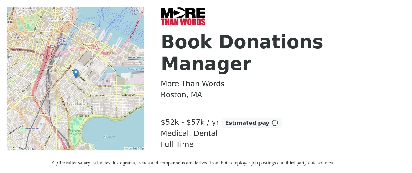 More Than Words job posting for a Book Donations Manager in Boston, MA with a salary of $52,000 to $57,749 Yearly with a map of Boston location.