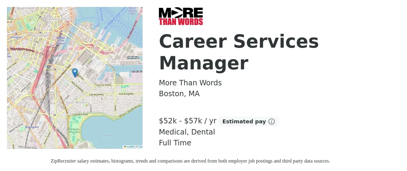 More Than Words job posting for a Career Services Manager in Boston, MA with a salary of $52,000 to $57,749 Yearly with a map of Boston location.