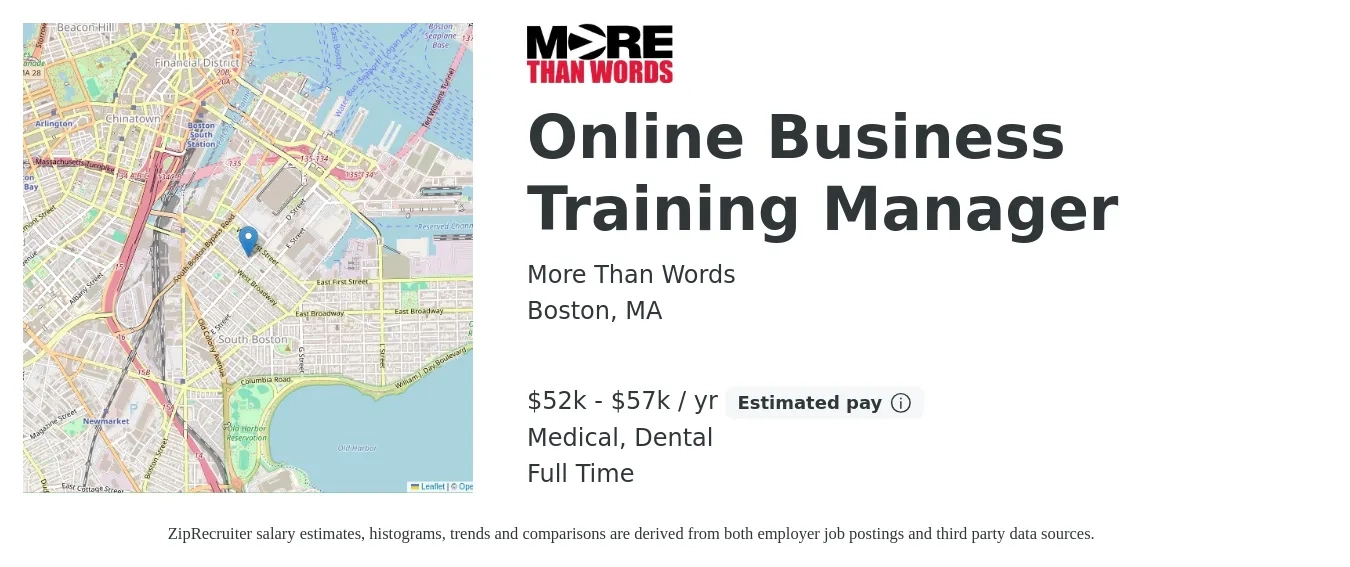 More Than Words job posting for a Online Business Training Manager in Boston, MA with a salary of $52,000 to $57,749 Yearly with a map of Boston location.