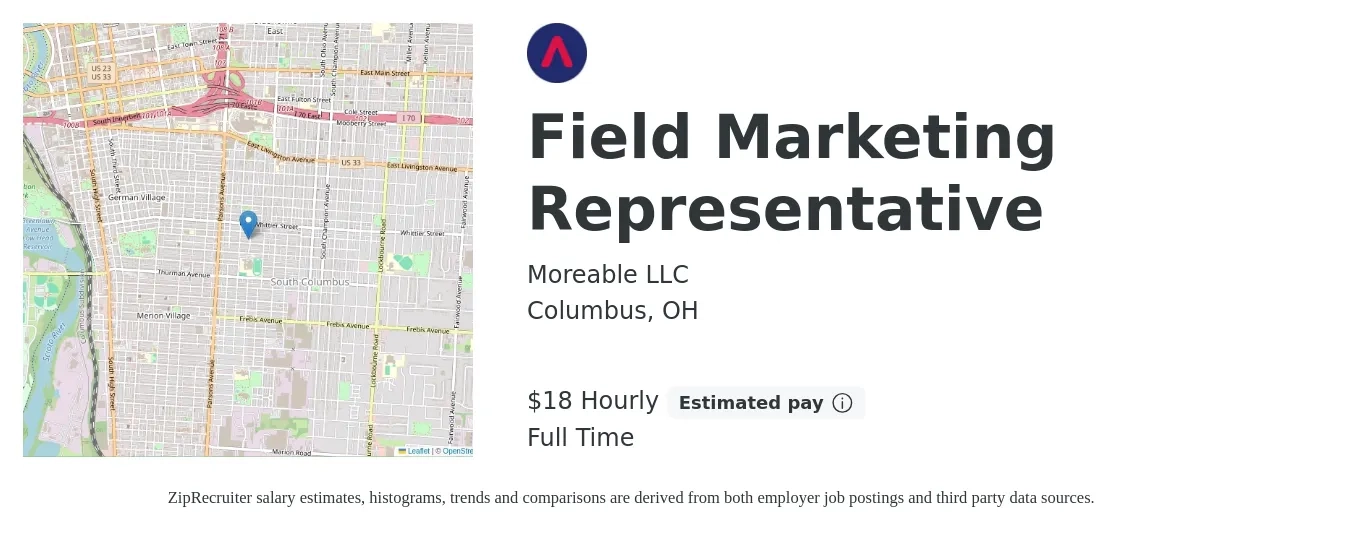 Moreable LLC job posting for a Field Marketing Representative in Columbus, OH with a salary of $19 Hourly (plus commission) and benefits including pto with a map of Columbus location.