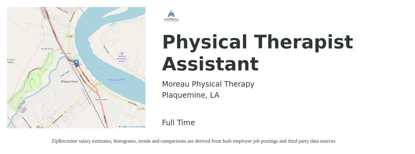Moreau Physical Therapy job posting for a Physical Therapist Assistant in Plaquemine, LA with a salary of $28 to $36 Hourly with a map of Plaquemine location.