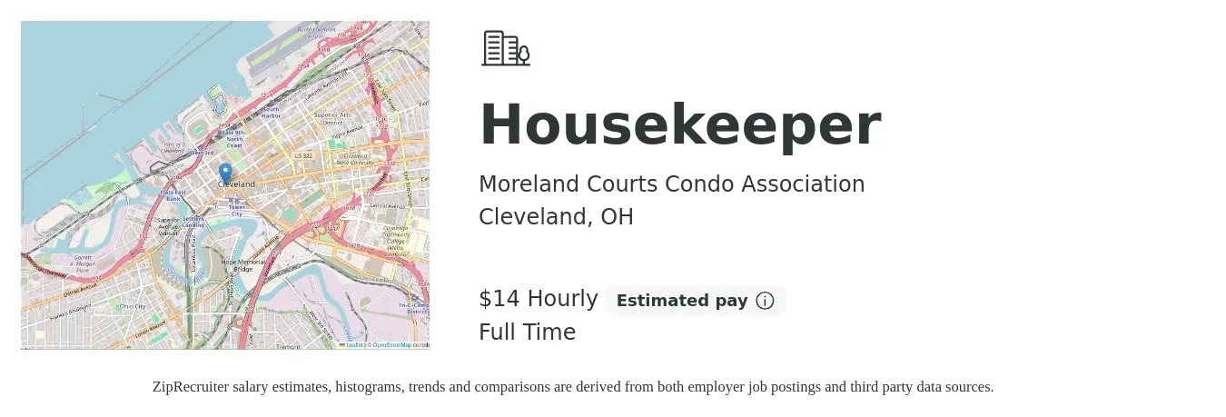 Moreland Courts Condo Association job posting for a Housekeeper in Cleveland, OH with a salary of $15 Hourly with a map of Cleveland location.