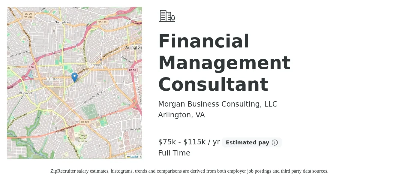 Morgan Business Consulting, LLC job posting for a Financial Management Consultant in Arlington, VA with a salary of $75,000 to $115,000 Yearly with a map of Arlington location.