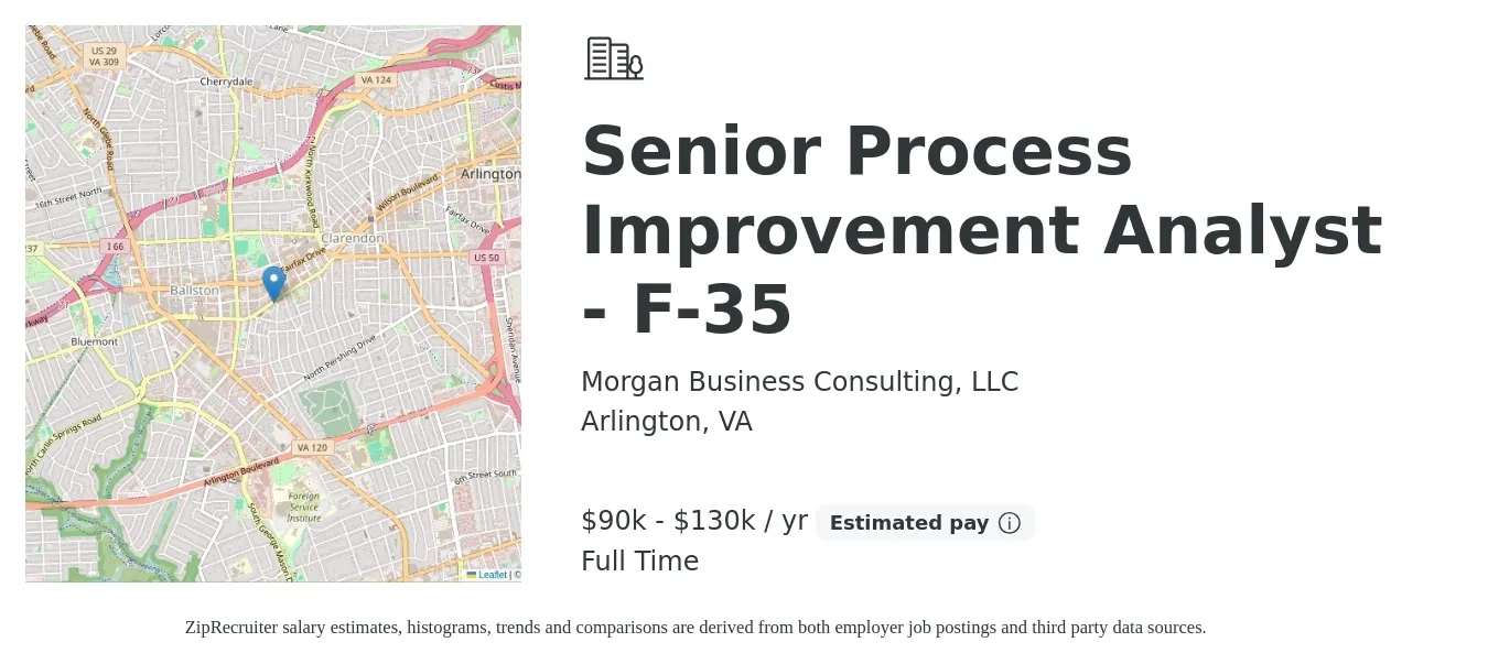 Morgan Business Consulting, LLC job posting for a Senior Process Improvement Analyst - F-35 in Arlington, VA with a salary of $90,000 to $130,000 Yearly with a map of Arlington location.