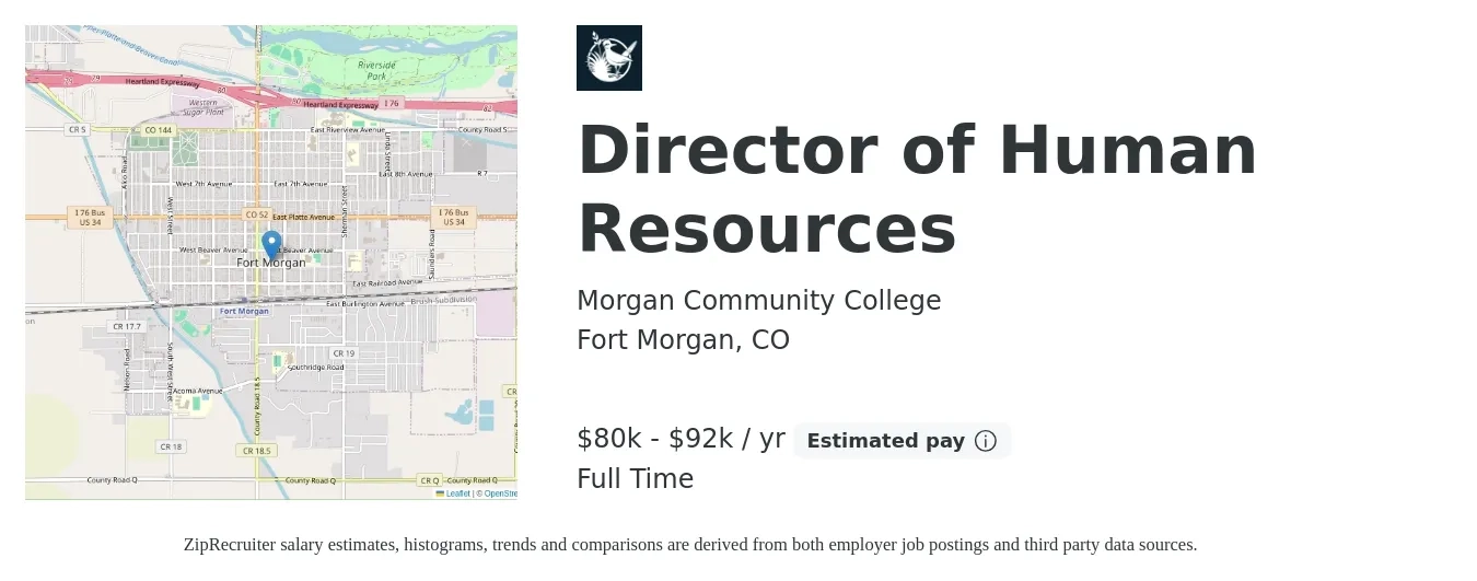 Morgan Community College job posting for a Director of Human Resources in Fort Morgan, CO with a salary of $80,700 to $92,805 Yearly with a map of Fort Morgan location.
