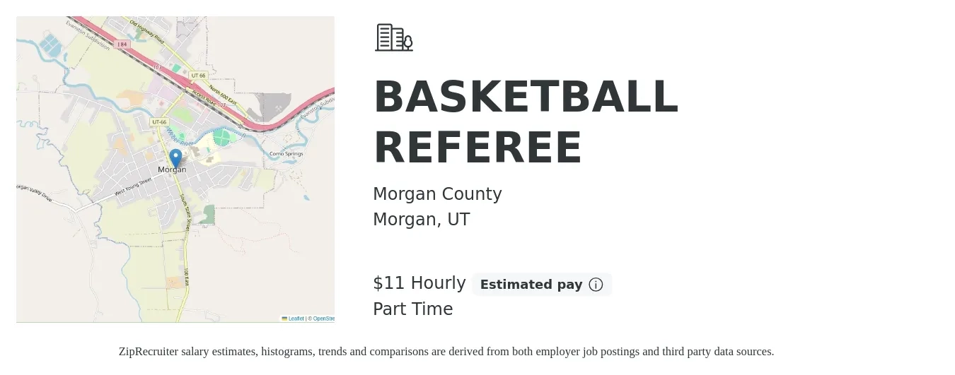 Morgan County job posting for a BASKETBALL REFEREE in Morgan, UT with a salary of $12 Hourly with a map of Morgan location.