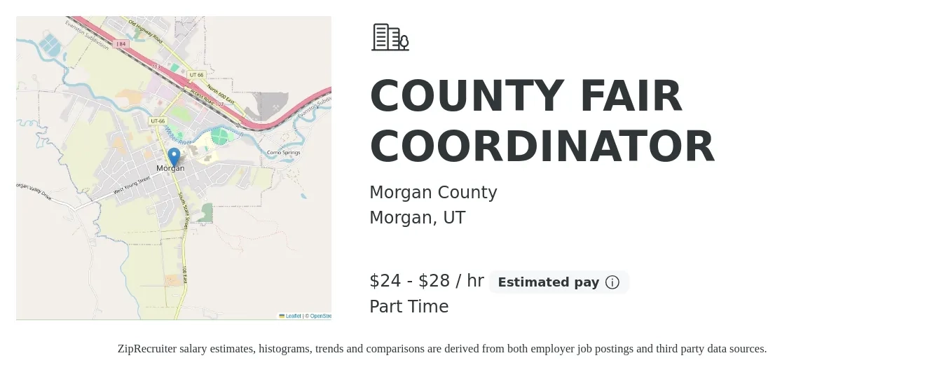 Morgan County job posting for a COUNTY FAIR COORDINATOR in Morgan, UT with a salary of $25 to $30 Hourly with a map of Morgan location.