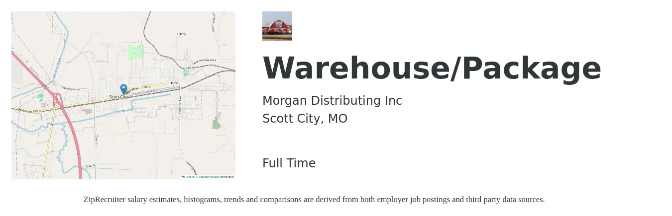 Morgan Distributing Inc job posting for a Warehouse/Package in Scott City, MO with a map of Scott City location.