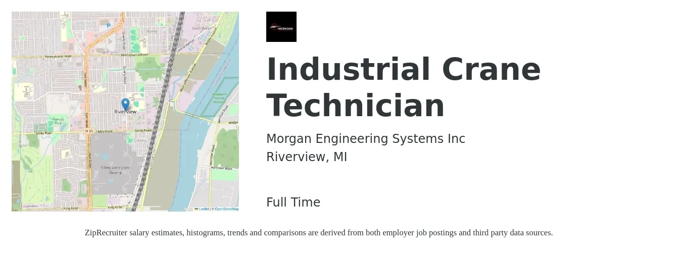 Morgan Engineering Systems Inc job posting for a Industrial Crane Technician in Riverview, MI with a salary of $24 to $32 Hourly with a map of Riverview location.