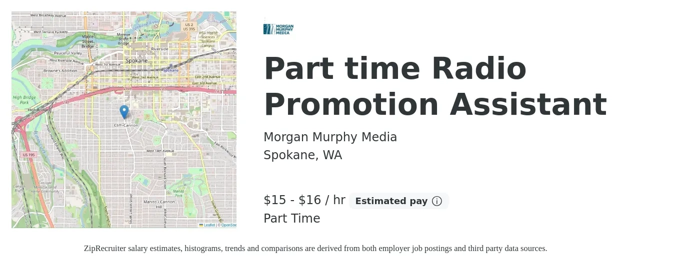 Morgan Murphy Media job posting for a Part time Radio Promotion Assistant in Spokane, WA with a salary of $16 to $17 Hourly with a map of Spokane location.